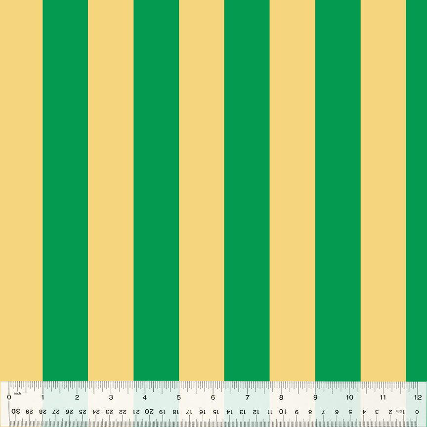 Cotton quilting fabric pattern called 'Broadstripe in Green'. Part of the 'Forestburgh' fabric collection. Designed by Heather Ross for fabric company Windham Fabrics. SKU: 53850-18. 44-45 inch width.