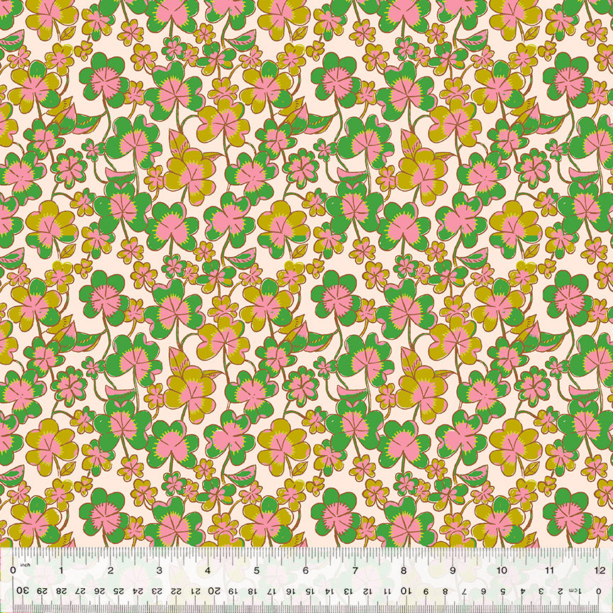 Cotton quilting fabric pattern called 'Clover in Blush'. Part of the 'Forestburgh' fabric collection. Designed by Heather Ross for fabric company Windham Fabrics. SKU: 53847-1. 44-45 inch width.