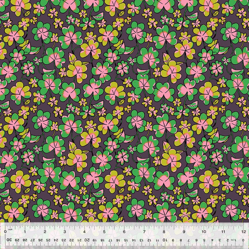 Cotton quilting fabric pattern called 'Clover in Eggplant'. Part of the 'Forestburgh' fabric collection. Designed by Heather Ross for fabric company Windham Fabrics. SKU: 53847-9. 44-45 inch width.