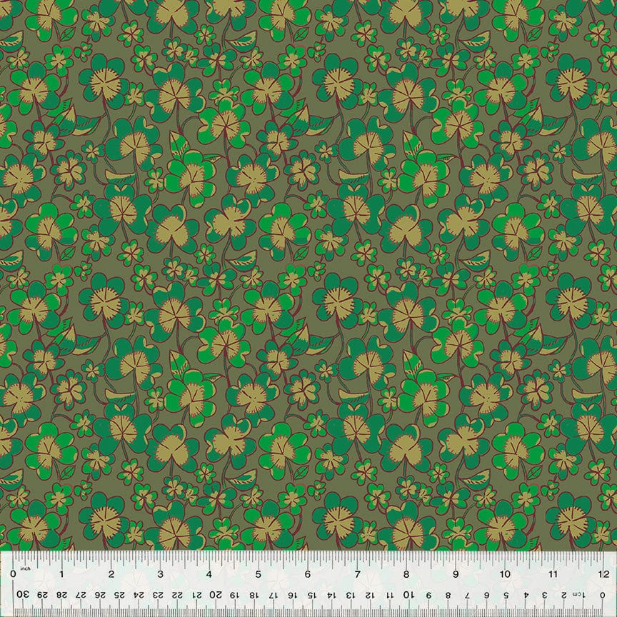 Cotton quilting fabric pattern called 'Clover in Olive'. Part of the 'Forestburgh' fabric collection. Designed by Heather Ross for fabric company Windham Fabrics. SKU: 53847-10. 44-45 inch width.