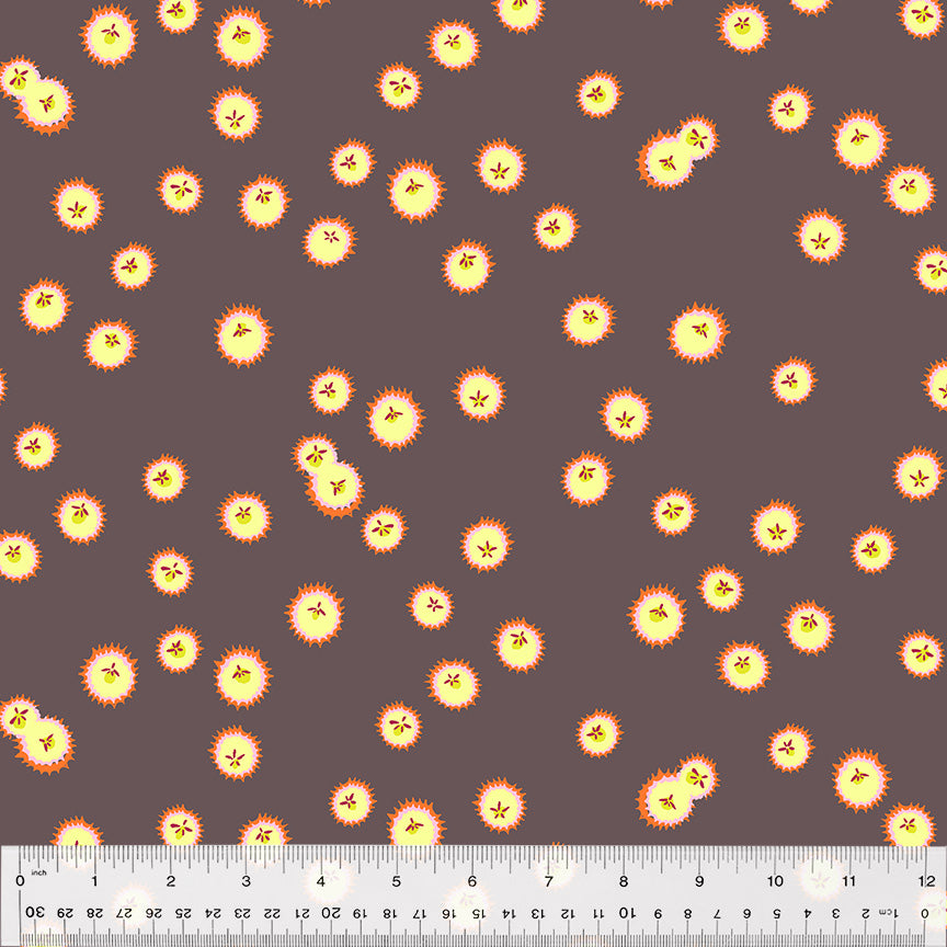 Cotton quilting fabric pattern called 'Firefly in Plum'. Part of the 'Forestburgh' fabric collection. Designed by Heather Ross for fabric company Windham Fabrics. SKU: 53848-11. 44-45 inch width.