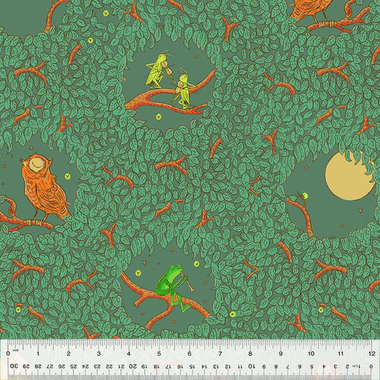 Cotton quilting fabric pattern called 'Night Music in Leaf'. Part of the 'Forestburgh' fabric collection. Designed by Heather Ross for fabric company Windham Fabrics. SKU: 53846-5. 44-45 inch width.