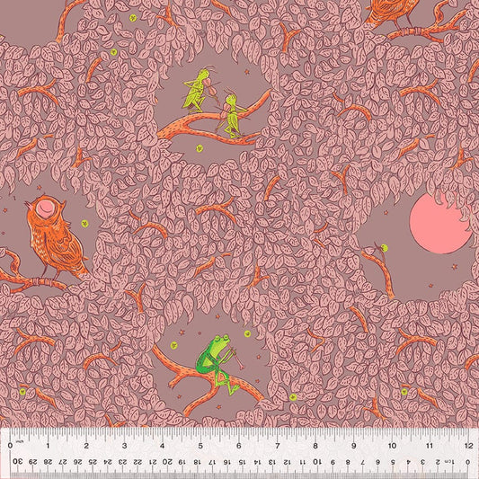 Cotton quilting fabric pattern called 'Night Music in Mauve'. Part of the 'Forestburgh' fabric collection. Designed by Heather Ross for fabric company Windham Fabrics. SKU: 53846-6. 44-45 inch width.