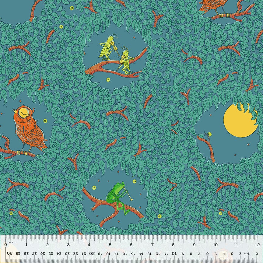Cotton quilting fabric pattern called 'Night Music in Teal'. Part of the 'Forestburgh' fabric collection. Designed by Heather Ross for fabric company Windham Fabrics. SKU: 53846-7. 44-45 inch width.