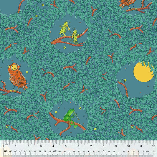 Cotton quilting fabric pattern called 'Night Music in Teal'. Part of the 'Forestburgh' fabric collection. Designed by Heather Ross for fabric company Windham Fabrics. SKU: 53846-7. 44-45 inch width.