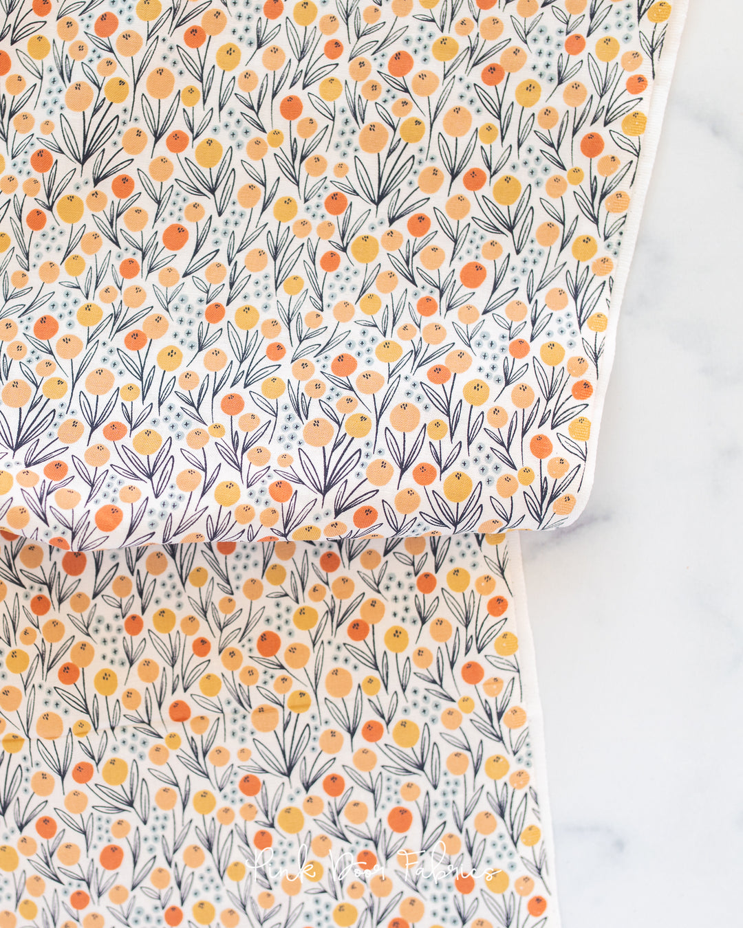 Cotton quilting fabric pattern called 'Camping Flowers in Sunrise Coral'. Part of the 'Get Out and Explore' fabric collection. Designed by Mint Tulip for fabric company Cotton + Steel. SKU: MT104-SC2. 44-45 inch width.