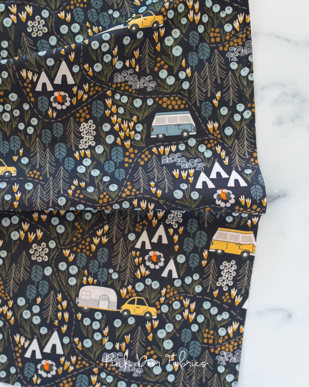 Cotton quilting fabric pattern called 'Campfire Night in Navy'. Part of the 'Get Out and Explore' fabric collection. Designed by Mint Tulip for fabric company Cotton + Steel. SKU: MT100-NA1. 44-45 inch width.