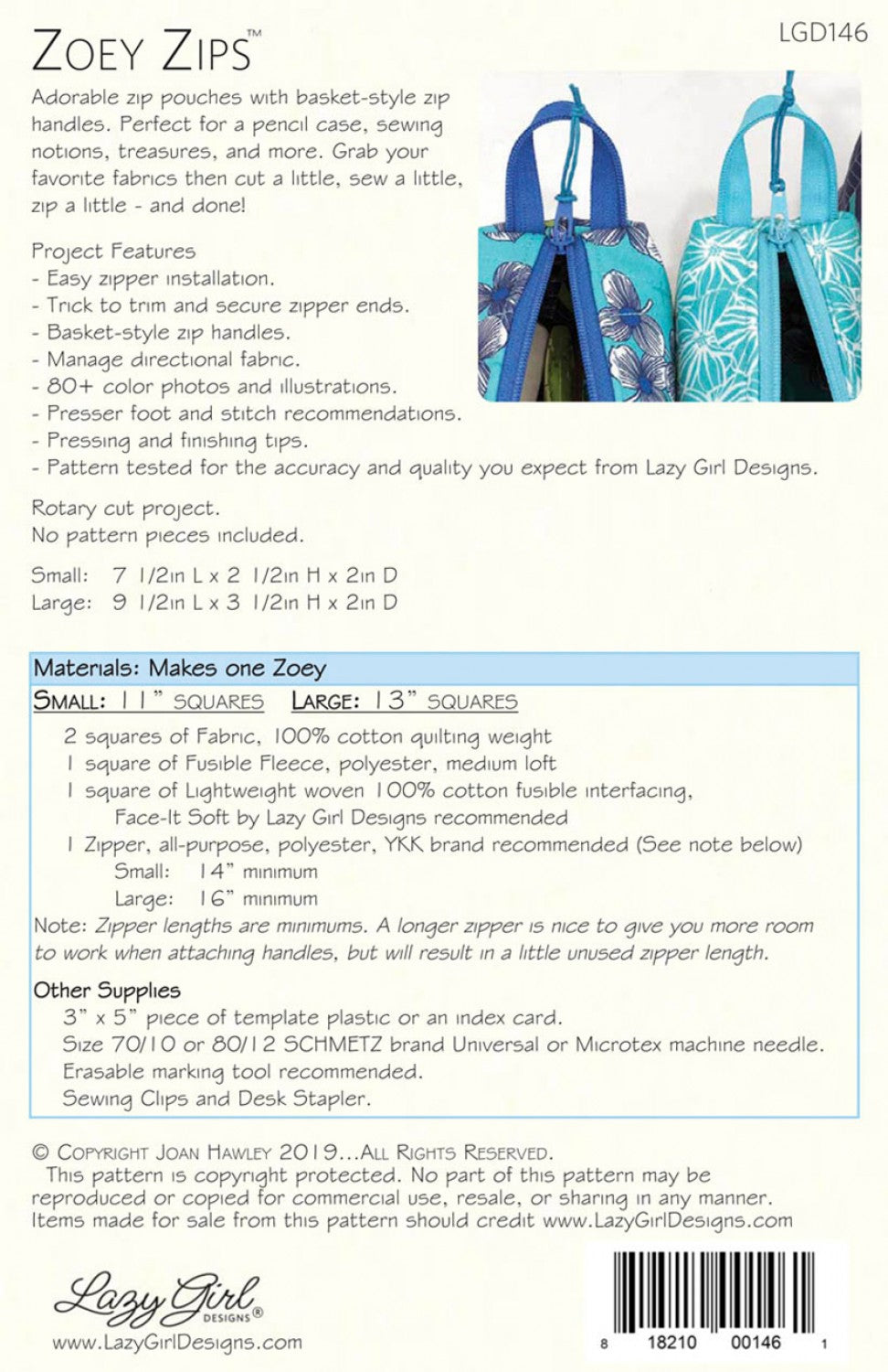 Zoey Zips - Paper Pattern - Lazy Girl Designs - LGD146