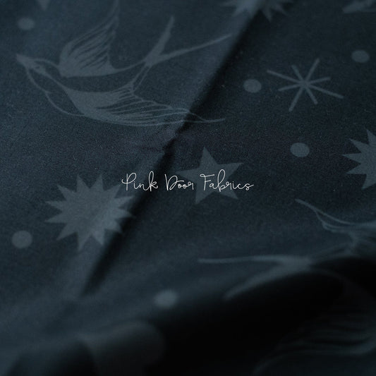 Cotton quilting fabric pattern called 'Fairy Flakes in Ink'. Part of the 'Linework' fabric collection. Designed by Tula Pink for fabric company Free Spirit Fabrics. SKU: PWTP157.INK. 44-45 inch width.