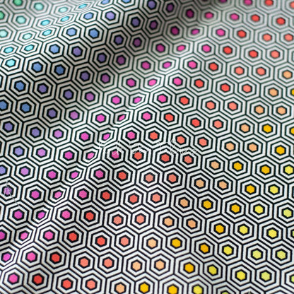 Cotton quilting fabric pattern called 'Hexy Rainbow in Ink'. Part of the 'Linework' fabric collection. Designed by Tula Pink for fabric company Free Spirit Fabrics. SKU: PWTP151.INK. 44-45 inch width.