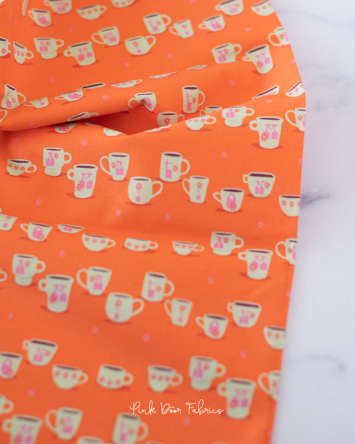 Cotton quilting fabric pattern called 'Cup of Ambition'. Part of the '9 to 5' fabric collection. Designed by Lisa Flowers for fabric company Paintbrush Studio Fabrics. SKU: 120-22485. 44-45 inch width.
