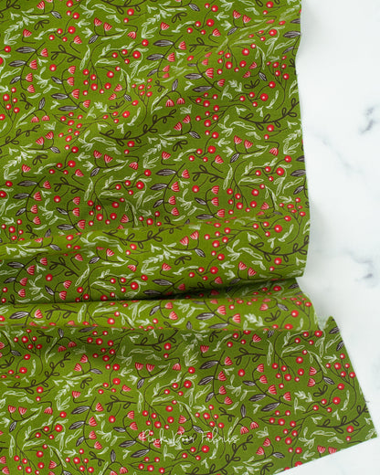Cotton quilting fabric pattern called 'Winter Berries in Evergreen'. Part of the 'Merrymaking' fabric collection. Designed by Gingiber for fabric company Moda Fabrics. SKU: 48344 14M. 44-45 inch width.