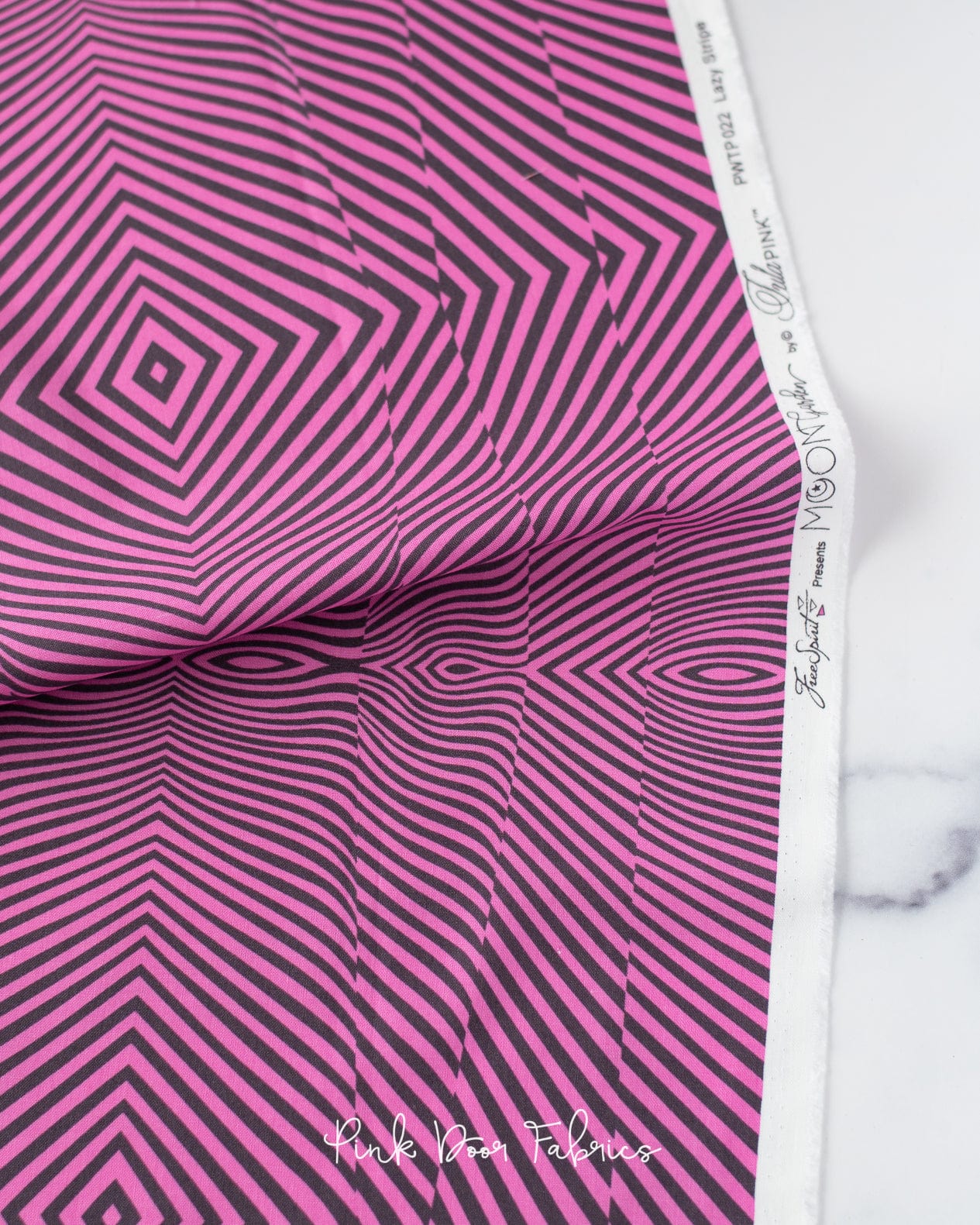 Cotton quilting fabric pattern called 'Lazy Stripe in Dusk'. Part of the 'Moon Garden' fabric collection. Designed by Tula Pink for fabric company Free Spirit Fabrics. SKU: PWTP022.DUSK. 44-45 inch width.