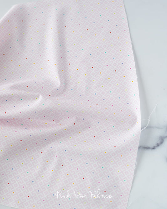 Cotton quilting fabric pattern called 'Baby Geo in Dawn'. Part of the 'Moon Garden' fabric collection. Designed by Tula Pink for fabric company Free Spirit Fabrics. SKU: PWTP053.DAWN. 44-45 inch width.