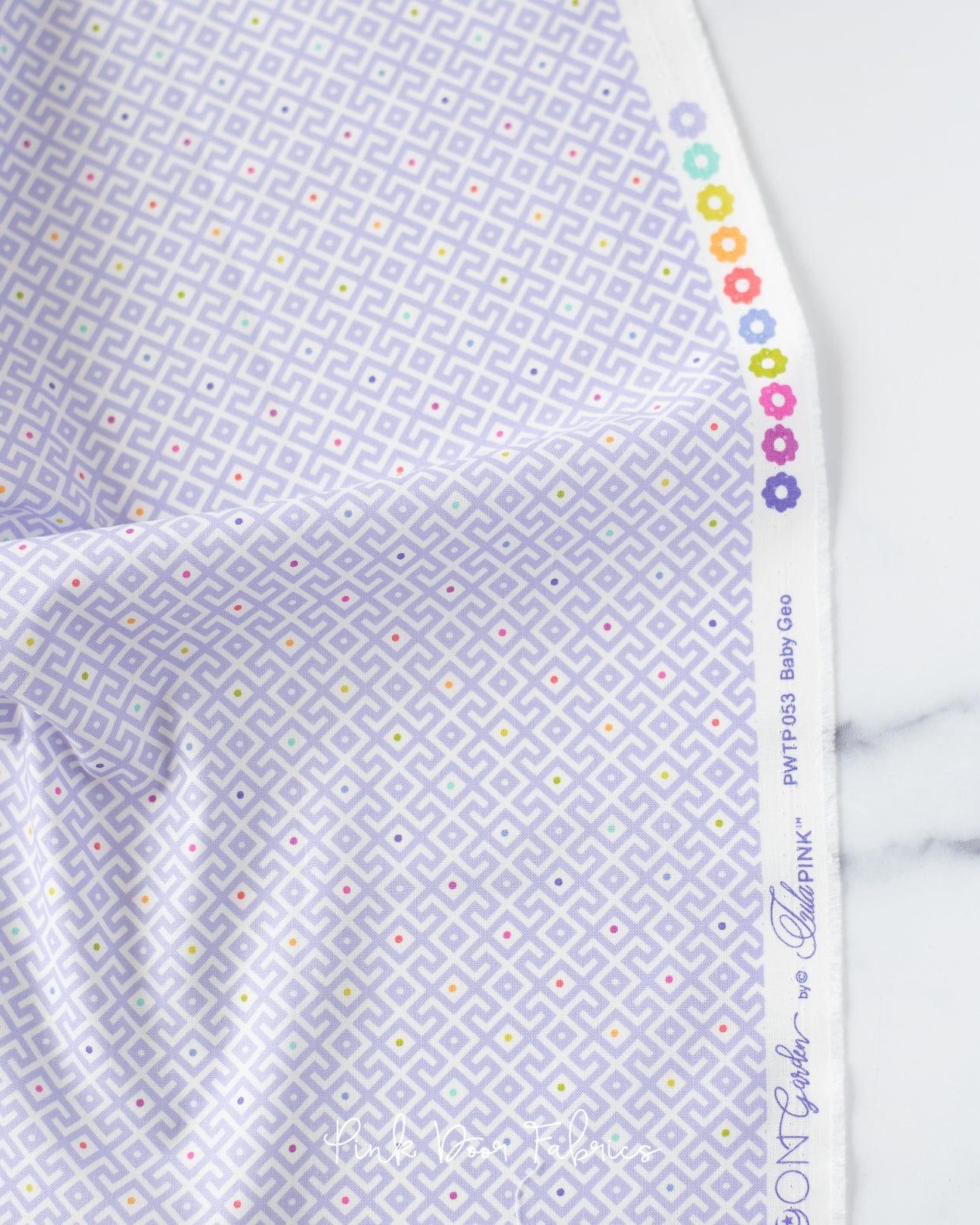 Cotton quilting fabric pattern called 'Baby Geo in Dusk'. Part of the 'Moon Garden' fabric collection. Designed by Tula Pink for fabric company Free Spirit Fabrics. SKU: PWTP053.DUSK. 44-45 inch width.