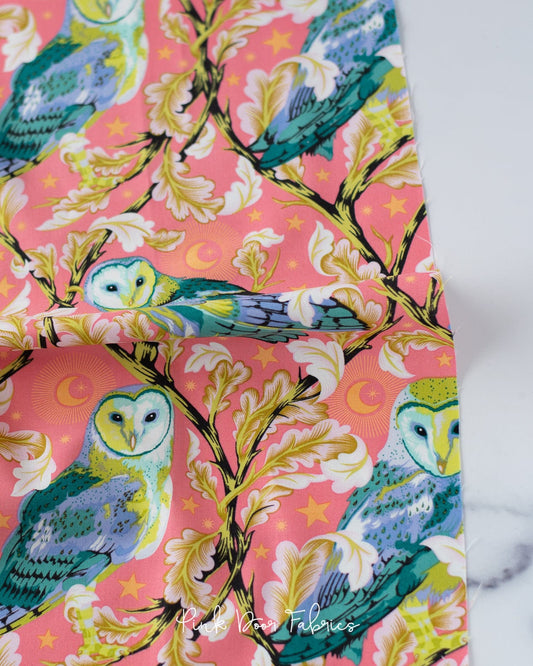 Cotton quilting fabric pattern called 'Night Owl in Dawn'. Part of the 'Moon Garden' fabric collection. Designed by Tula Pink for fabric company Free Spirit Fabrics. SKU: PWTP197.DAWN. 44-45 inch width.