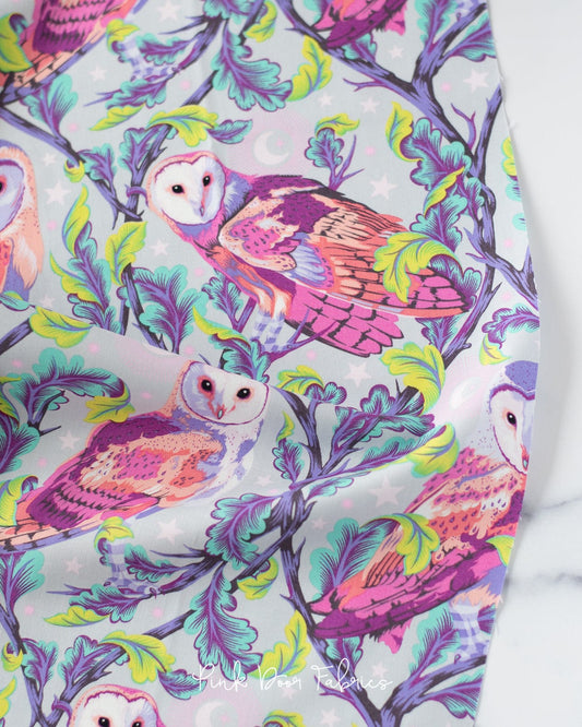 Cotton quilting fabric pattern called 'Night Owl in Dusk'. Part of the 'Moon Garden' fabric collection. Designed by Tula Pink for fabric company Free Spirit Fabrics. SKU: PWTP197.DUSK. 44-45 inch width.