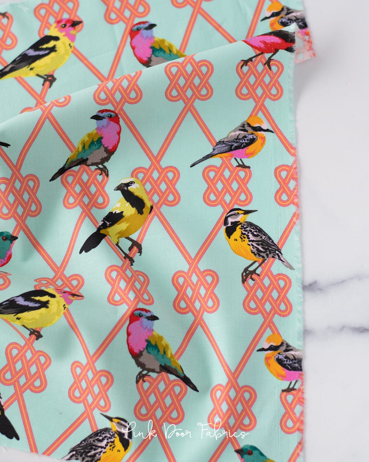 Cotton quilting fabric pattern called 'In a Finch in Dawn'. Part of the 'Moon Garden' fabric collection. Designed by Tula Pink for fabric company Free Spirit Fabrics. SKU: PWTP198.DAWN. 44-45 inch width.