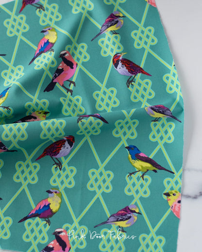 Cotton quilting fabric pattern called 'In a Finch in Dusk'. Part of the 'Moon Garden' fabric collection. Designed by Tula Pink for fabric company Free Spirit Fabrics. SKU: PWTP198.DUSK. 44-45 inch width.