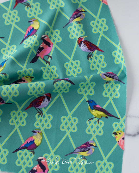 Cotton quilting fabric pattern called 'In a Finch in Dusk'. Part of the 'Moon Garden' fabric collection. Designed by Tula Pink for fabric company Free Spirit Fabrics. SKU: PWTP198.DUSK. 44-45 inch width.