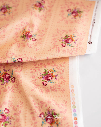 Cotton quilting fabric pattern called 'Wreath in Rosalia'. Part of the 'Nonna' fabric collection. Designed by Giucy Giuce for fabric company Andover Fabrics. SKU: A-9873-O. 44-45 inch width.