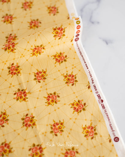 Cotton quilting fabric pattern called 'Little Bouquets in Cornflower'. Part of the 'Nonna' fabric collection. Designed by Giucy Giuce for fabric company Andover Fabrics. SKU: A-9874-Y. 44-45 inch width.