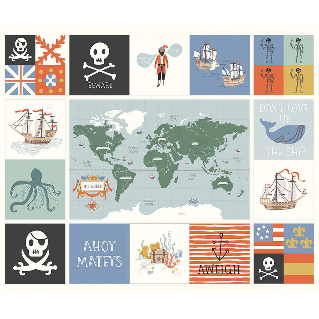 Cotton quilting fabric pattern called 'Panel'. Part of the 'Hoist the Sails' fabric collection. Designed by Citrus and Mint Designs for fabric company Riley Blake Designs. SKU: P12987-PANEL. 44-45 inch width.