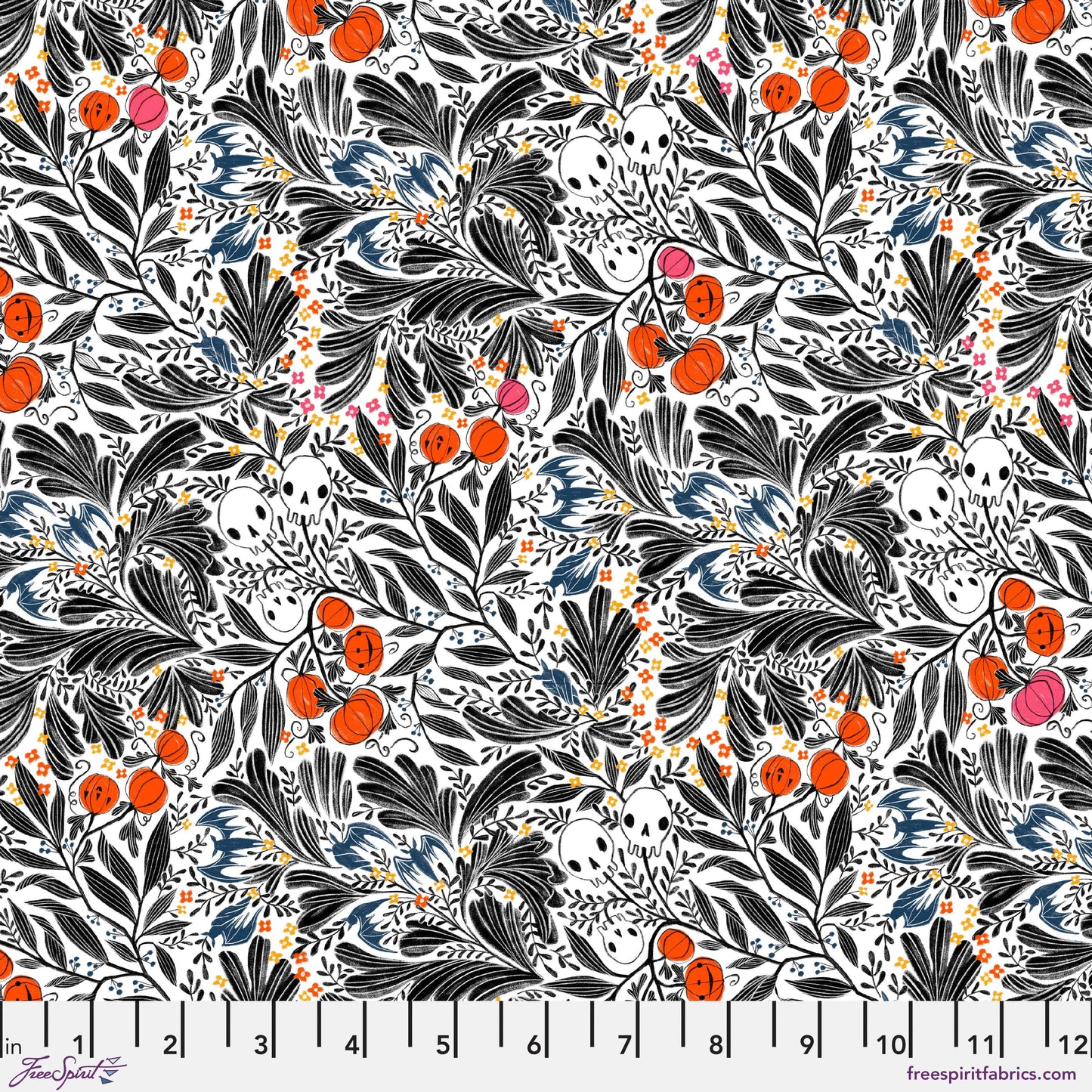 Cotton quilting fabric pattern called 'Scatter Skull in White'. Part of the 'Pretty Creepy' fabric collection. Designed by Cori Dantini for fabric company Free Spirit Fabrics. SKU: PWCD058.WHITE. 44-45 inch width.