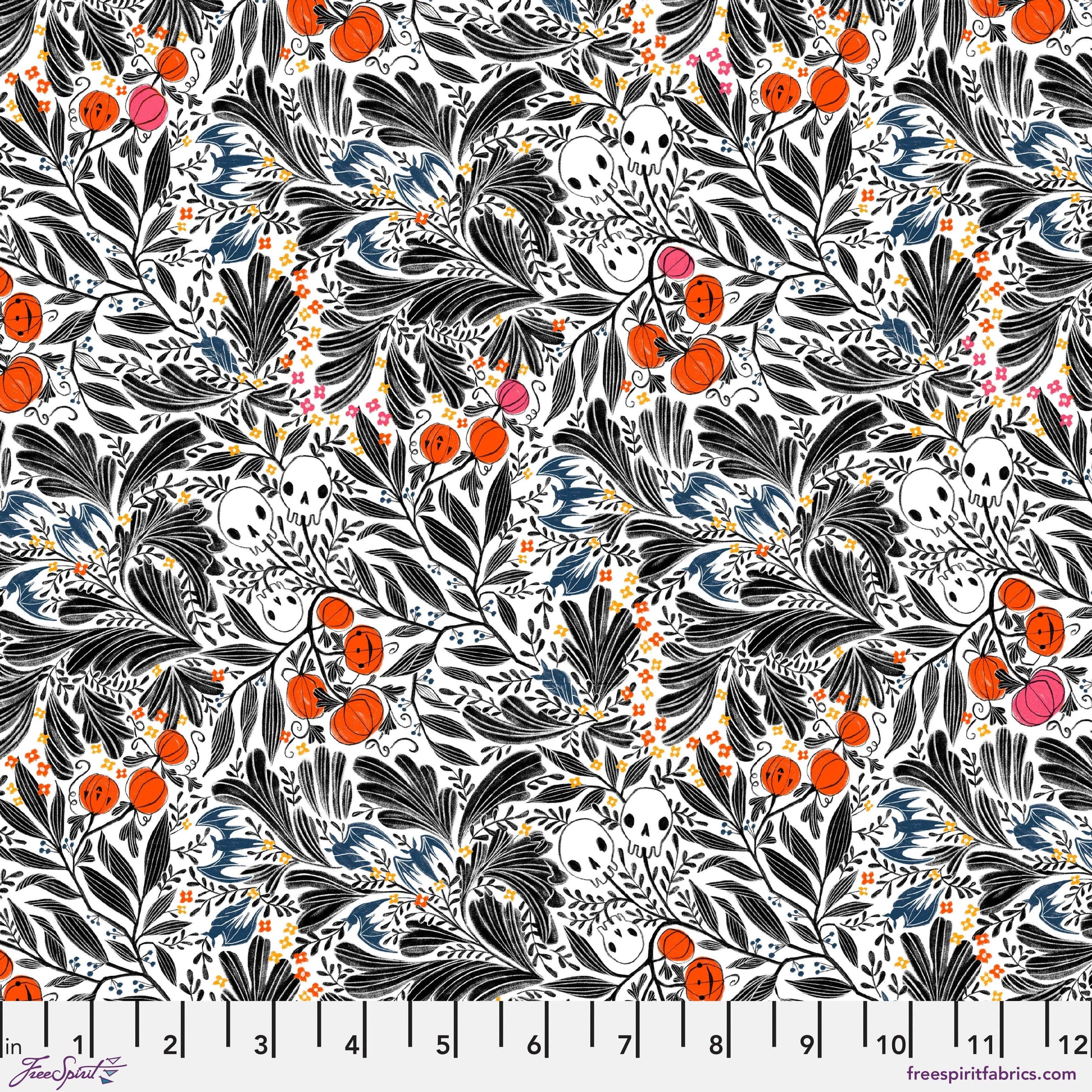 Cotton quilting fabric pattern called 'Scatter Skull in White'. Part of the 'Pretty Creepy' fabric collection. Designed by Cori Dantini for fabric company Free Spirit Fabrics. SKU: PWCD058.WHITE. 44-45 inch width.