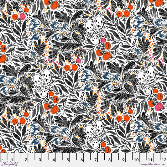 Cotton quilting fabric pattern called 'Scatter Skull in White'. Part of the 'Pretty Creepy' fabric collection. Designed by Cori Dantini for fabric company Free Spirit Fabrics. SKU: PWCD058.WHITE. 44-45 inch width.