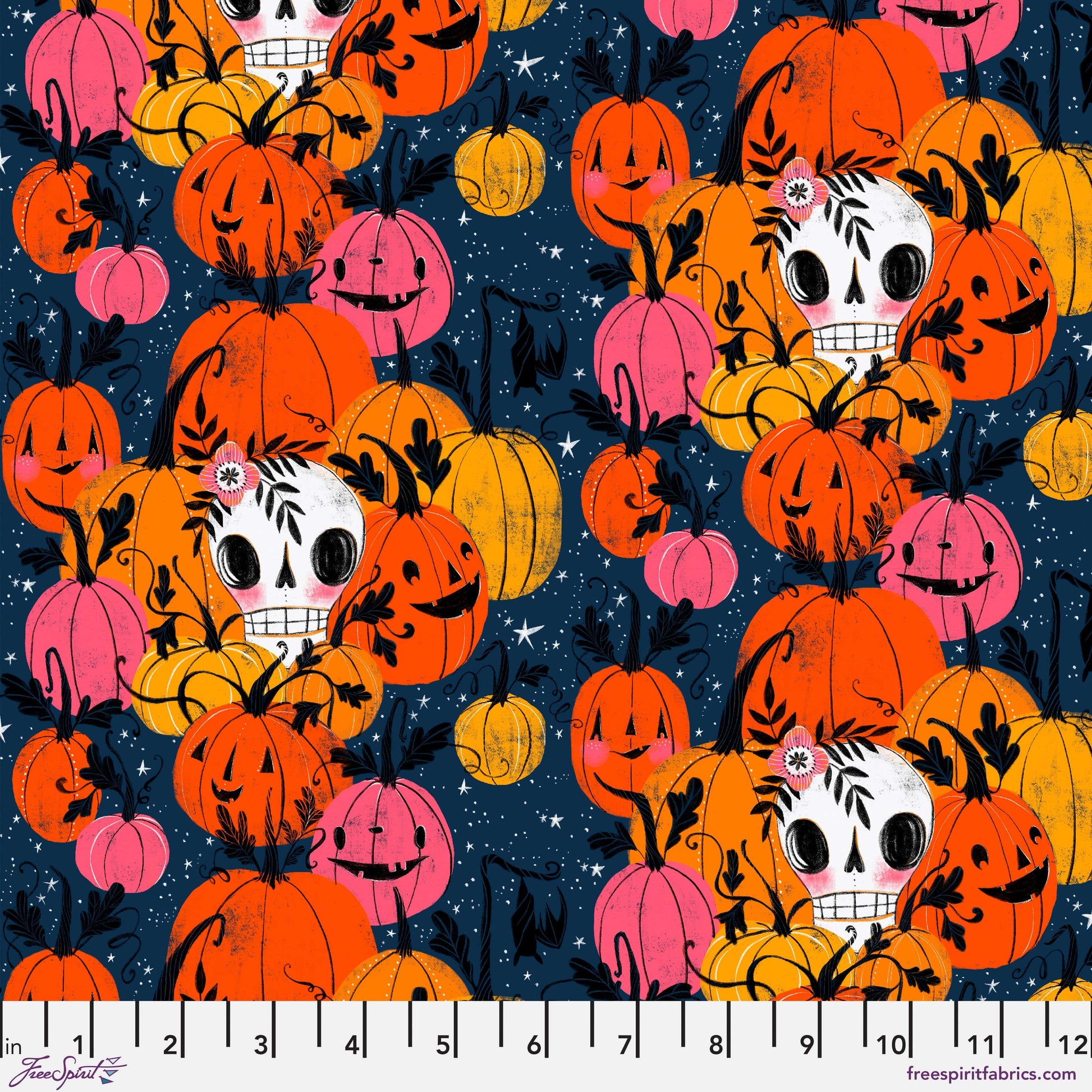 Cotton quilting fabric pattern called 'Pumpkin Patch in Navy'. Part of the 'Pretty Creepy' fabric collection. Designed by Cori Dantini for fabric company Free Spirit Fabrics. SKU: PWCD059.NAVY. 44-45 inch width.