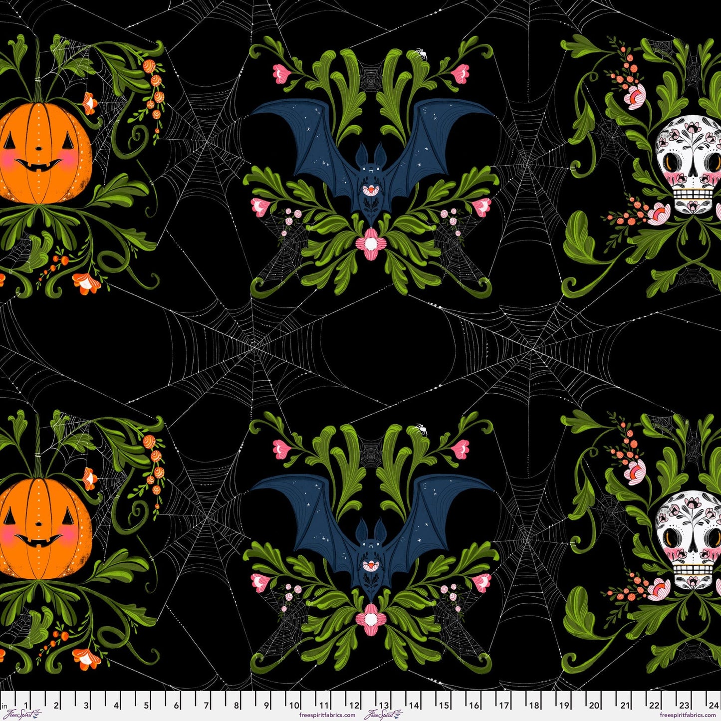 Cotton quilting fabric pattern called 'Pretty Creepy in Black'. Part of the 'Pretty Creepy' fabric collection. Designed by Cori Dantini for fabric company Free Spirit Fabrics. SKU: PWCD060.BLACK. 44-45 inch width.