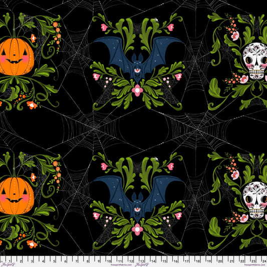 Cotton quilting fabric pattern called 'Pretty Creepy in Black'. Part of the 'Pretty Creepy' fabric collection. Designed by Cori Dantini for fabric company Free Spirit Fabrics. SKU: PWCD060.BLACK. 44-45 inch width.