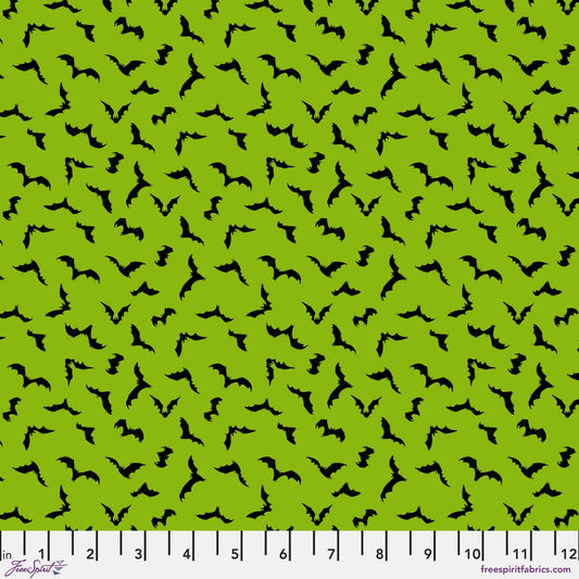 Cotton quilting fabric pattern called 'Just Batty in Green'. Part of the 'Pretty Creepy' fabric collection. Designed by Cori Dantini for fabric company Free Spirit Fabrics. SKU: PWCD061.GREEN. 44-45 inch width.