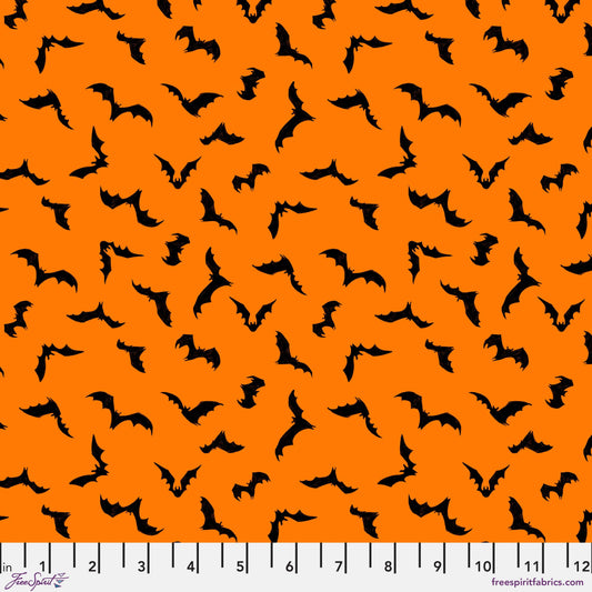 Cotton quilting fabric pattern called 'Just Batty Large in Orange'. Part of the 'Pretty Creepy' fabric collection. Designed by Cori Dantini for fabric company Free Spirit Fabrics. SKU: PWCD062.ORANGE. 44-45 inch width.
