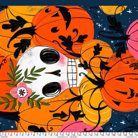 Cotton quilting fabric pattern called 'In the Pumpkin Patch Panel'. Part of the 'Pretty Creepy' fabric collection. Designed by Cori Dantini for fabric company Free Spirit Fabrics. SKU: PWCD063.PANEL. 44-45 inch width.