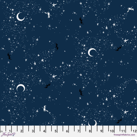 Cotton quilting fabric pattern called 'Witches are Out in Navy'. Part of the 'Pretty Creepy' fabric collection. Designed by Cori Dantini for fabric company Free Spirit Fabrics. SKU: PWCD064.NAVY. 44-45 inch width.