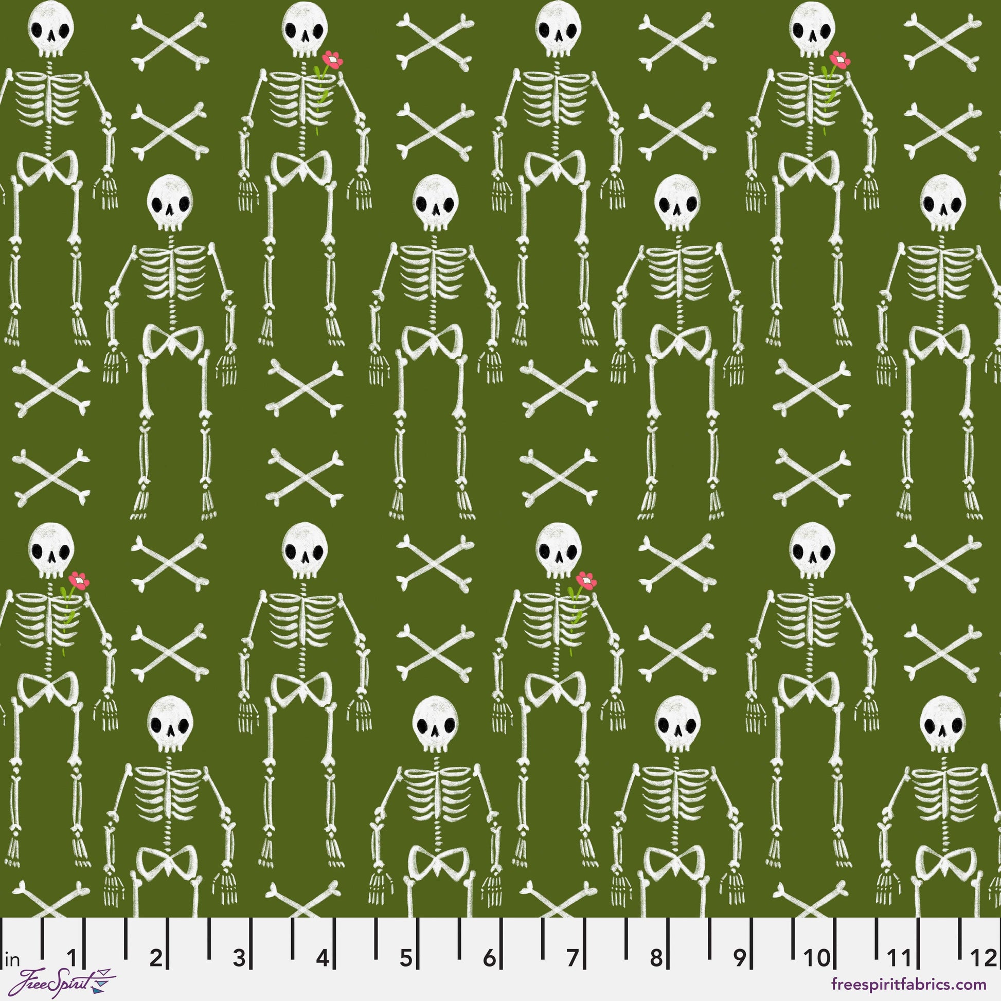 Cotton quilting fabric pattern called 'No Bones About It in Olive'. Part of the 'Pretty Creepy' fabric collection. Designed by Cori Dantini for fabric company Free Spirit Fabrics. SKU: PWCD066.OLIVE. 44-45 inch width.