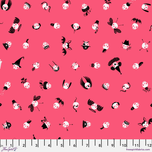 Cotton quilting fabric pattern called 'Dress Up in Pink'. Part of the 'Pretty Creepy' fabric collection. Designed by Cori Dantini for fabric company Free Spirit Fabrics. SKU: PWCD067.PINK. 44-45 inch width.