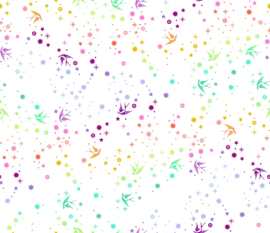 Cotton quilting fabric pattern called 'Fairy Dust in White'. Part of the '2023 True Colors' fabric collection. Designed by Tula Pink for fabric company Free Spirit Fabrics. SKU: PWTP133.WHITE. 44-45 inch width.