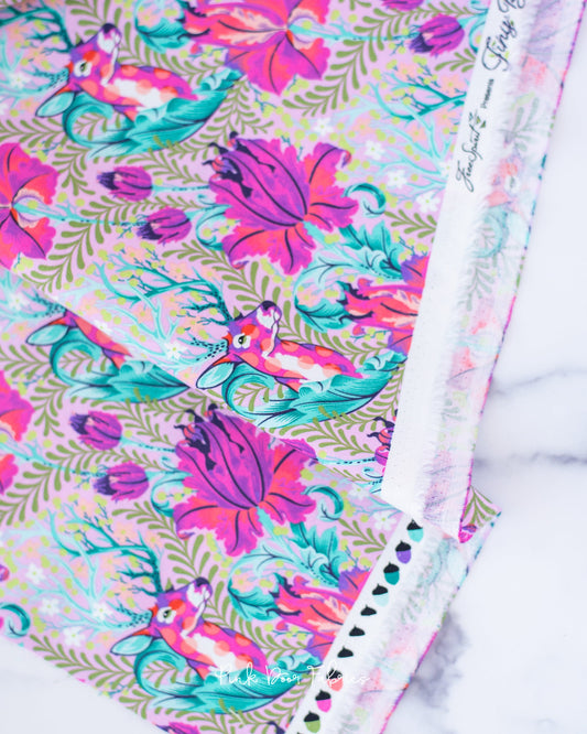 Cotton quilting fabric pattern called 'Deer John in Glimmer'. Part of the 'Tiny Beasts' fabric collection. Designed by Tula Pink for fabric company Free Spirit Fabrics. SKU: PWTP178.GLIMMER. 44-45 inch width.