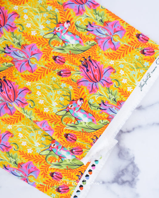 Cotton quilting fabric pattern called 'Deer John in Glow'. Part of the 'Tiny Beasts' fabric collection. Designed by Tula Pink for fabric company Free Spirit Fabrics. SKU: PWTP178.GLOW. 44-45 inch width.