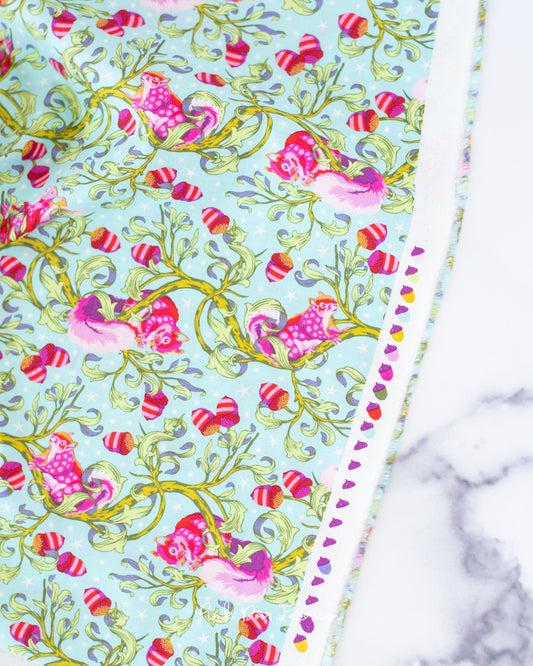 Cotton quilting fabric pattern called 'Oh Nuts! in Glimmer'. Part of the 'Tiny Beasts' fabric collection. Designed by Tula Pink for fabric company Free Spirit Fabrics. SKU: PWTP179.GLIMMER. 44-45 inch width.