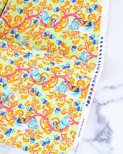 Cotton quilting fabric pattern called 'Oh Nuts! in Glow'. Part of the 'Tiny Beasts' fabric collection. Designed by Tula Pink for fabric company Free Spirit Fabrics. SKU: PWTP179.GLOW. 44-45 inch width.