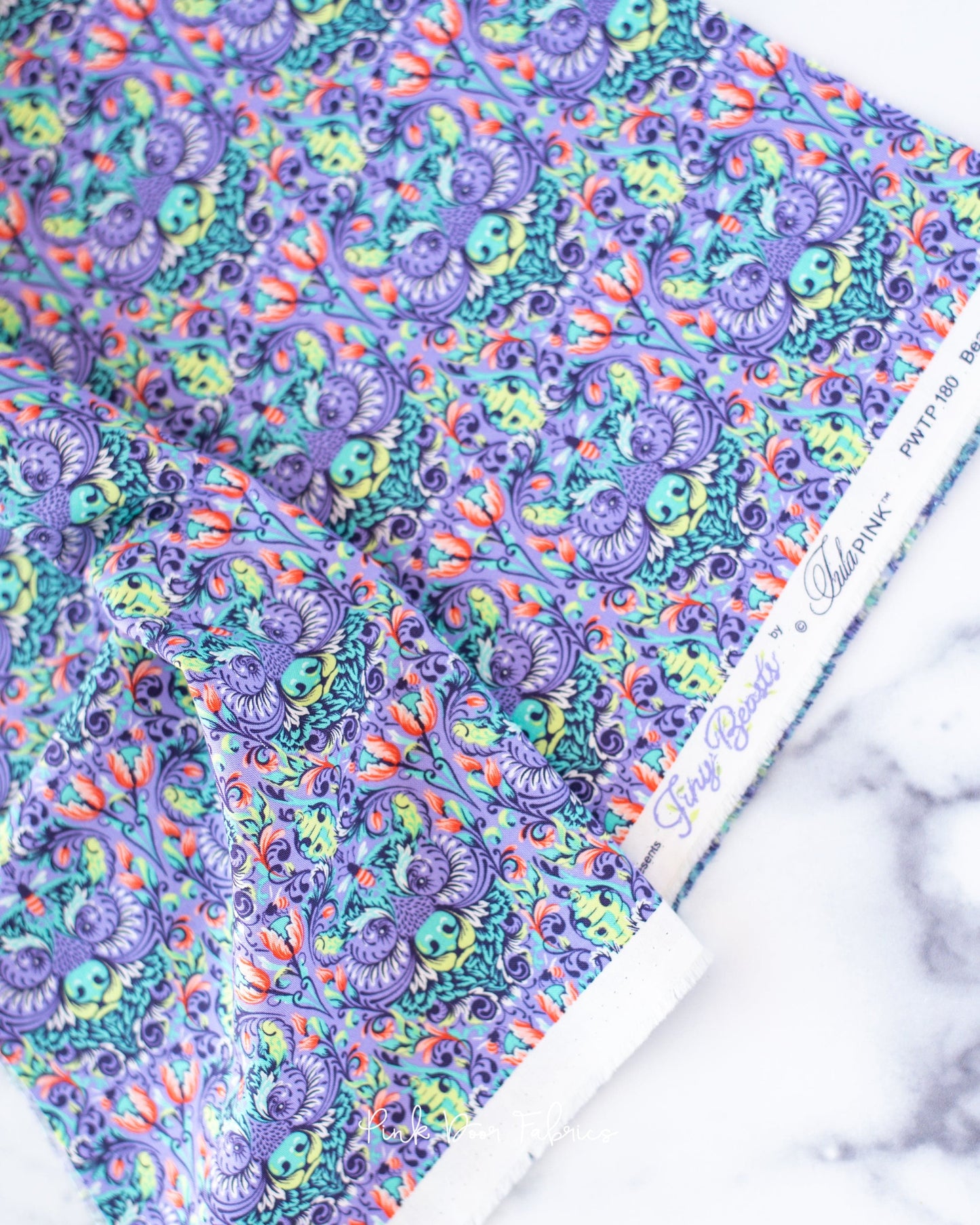 Cotton quilting fabric pattern called 'Bear with Me in Glimmer'. Part of the 'Tiny Beasts' fabric collection. Designed by Tula Pink for fabric company Free Spirit Fabrics. SKU: PWTP180.GLIMMER. 44-45 inch width.