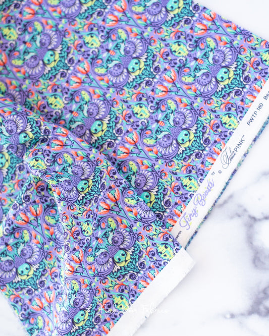 Cotton quilting fabric pattern called 'Bear with Me in Glimmer'. Part of the 'Tiny Beasts' fabric collection. Designed by Tula Pink for fabric company Free Spirit Fabrics. SKU: PWTP180.GLIMMER. 44-45 inch width.