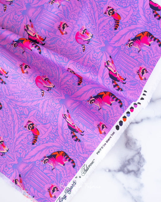 Cotton quilting fabric pattern called 'One Man's Trash in Glimmer'. Part of the 'Tiny Beasts' fabric collection. Designed by Tula Pink for fabric company Free Spirit Fabrics. SKU: PWTP181.GLIMMER. 44-45 inch width.