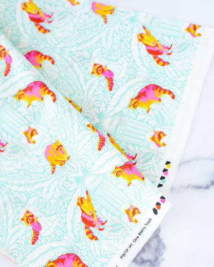 Cotton quilting fabric pattern called 'One Man's Trash in Glow'. Part of the 'Tiny Beasts' fabric collection. Designed by Tula Pink for fabric company Free Spirit Fabrics. SKU: PWTP181.GLOW. 44-45 inch width.