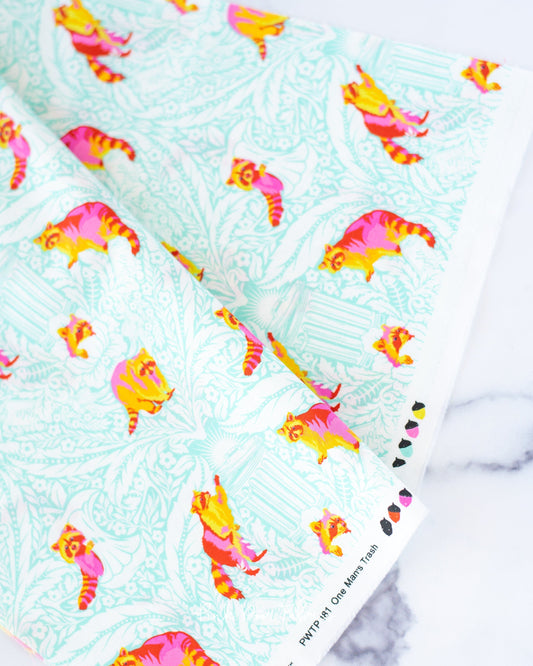 Cotton quilting fabric pattern called 'One Man's Trash in Glow'. Part of the 'Tiny Beasts' fabric collection. Designed by Tula Pink for fabric company Free Spirit Fabrics. SKU: PWTP181.GLOW. 44-45 inch width.