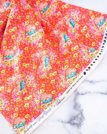 Cotton quilting fabric pattern called 'Who's Your Dandy in Glow'. Part of the 'Tiny Beasts' fabric collection. Designed by Tula Pink for fabric company Free Spirit Fabrics. SKU: PWTP182.GLOW. 44-45 inch width.